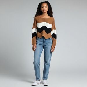 NWT no Comment long Sleeve lace Up Back Brown Black White Striped Sweater size L